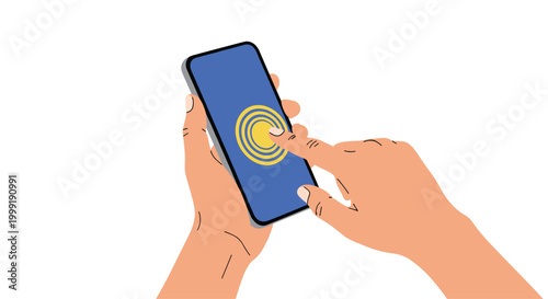 Close up of human hands interacting with a touchscreen smartphone displaying a yellow circular interface on a blue screen.