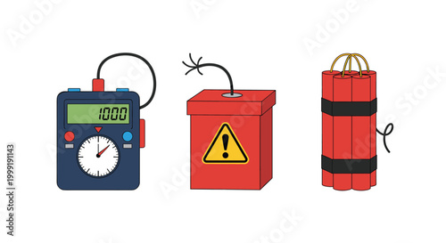 Collection of dangerous items including a digital timer, a red detonator box with a warning sign, and bundles of dynamite.