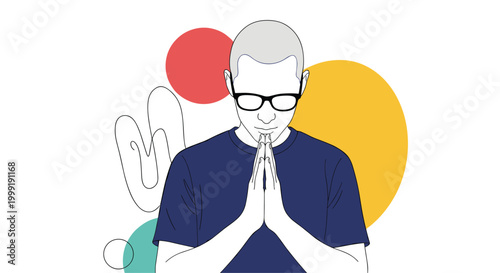 Young man with glasses and short hair sitting in a peaceful meditative pose with hands pressed together in a prayer gesture.