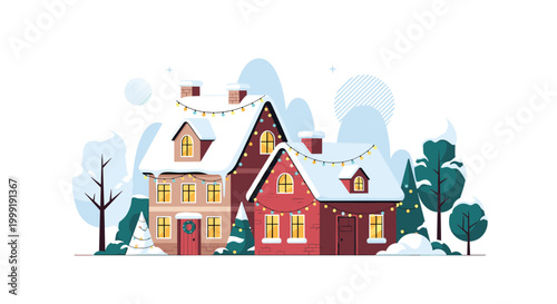 Cozy winter houses covered in thick snow and decorated with colorful glowing Christmas lights and festive holiday wreaths.