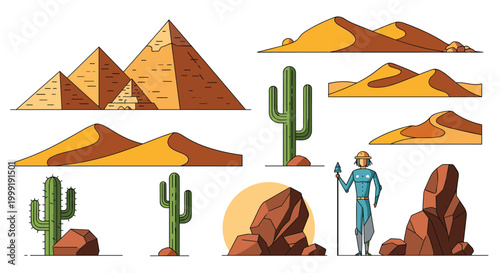 Set of desert themed elements including pyramids, sand dunes, green cacti, brown rocks, and a male explorer figure in gear.
