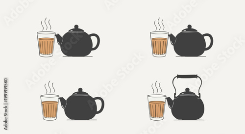 Indian Masala Chai Tea Vector Set, Hot Milk Tea Glass with Steaming Kettle, Traditional Street Food Beverage Icons, Black Teapot and Glass Cup