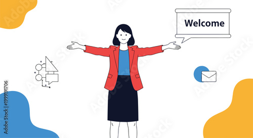 Friendly young woman wearing a red jacket standing with open arms next to a welcome sign in a clean and modern illustration.