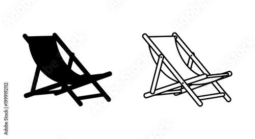Two folding beach chairs in black and white on a pure