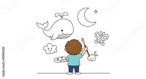 Little boy artist drawing a large whale, a butterfly, a moon, and stars on a white wall using a paint brush and palette.
