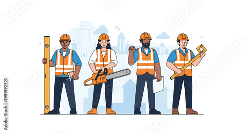 Group of four professional diverse construction workers in safety gear holding a level, large chainsaw, and measuring tool.