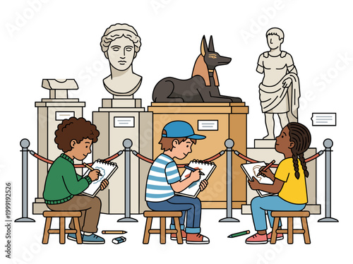 Children sketching ancient sculptures in museum gallery learning art history concept of education and creativity