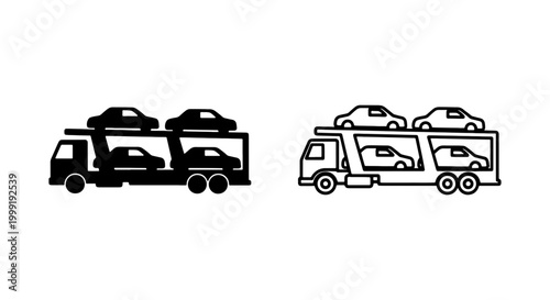Black and white car transport truck icons with cars on top and in trailer