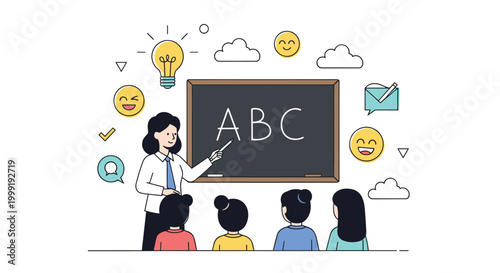 Female teacher explaining the alphabet to a group of young students in a classroom with creative floating icons.