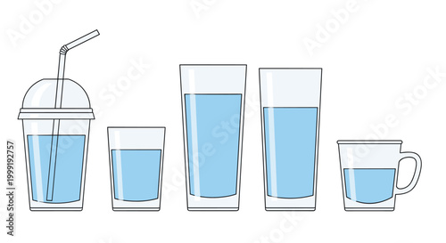 Collection of various types of glasses filled with fresh water including a plastic cup with a straw and a mug.