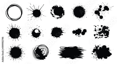 Set of various black ink splatters, stains, and brush strokes for artistic design, texture, and grunge effects.