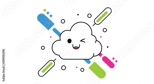 Whimsical and happy cloud character winking with a friendly smile surrounded by colorful geometric elements and abstract shapes.