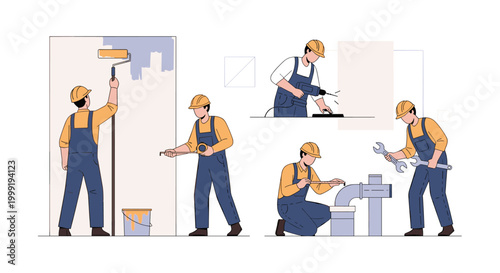 Construction Workers On Site Painting And Wall Plastering.