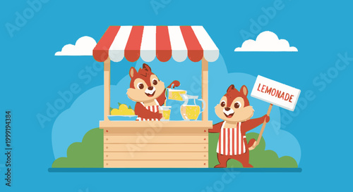 Chipmunk characters running a lemonade stand on a sunny day