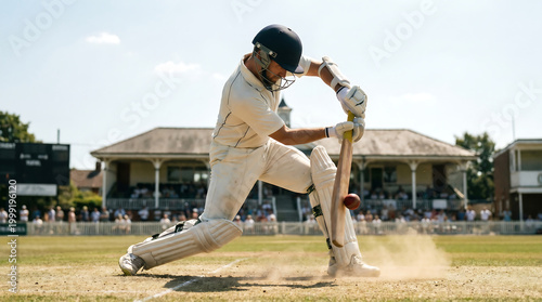 Cricket batsman hitting a cover drive shot, kicking up dust on a sunny day at a stadium