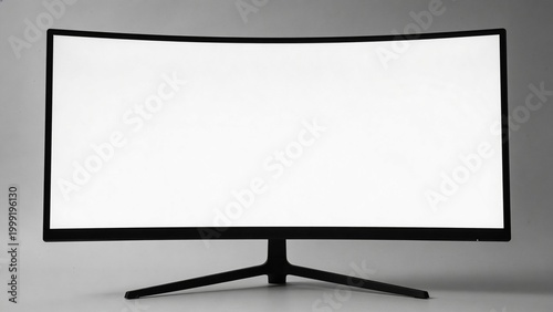  features a sleek, modern curved computer monitor with a minimalist design. The monitor has a thin black bezel surrounding a large, blank