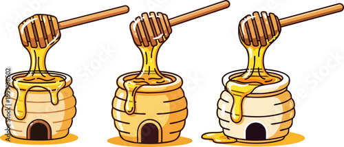 Cartoon honey pot vector set, golden honey dipper dripping into beehive jars, sweet organic nectar illustrations for food packaging and labels