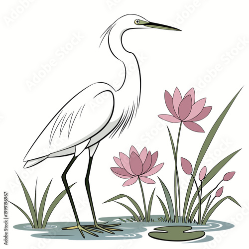 Foto Great egret illustration with lotus flowers and wetland plants high quality