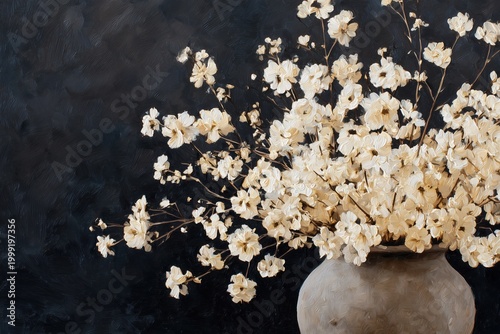 Moody Floral Still Life with White Blossoms in Ceramic Vase