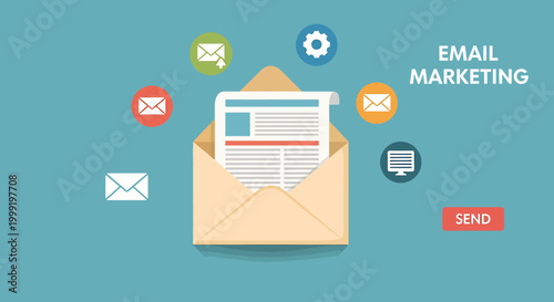 Email Marketing Concept with Open Envelope and Icons.