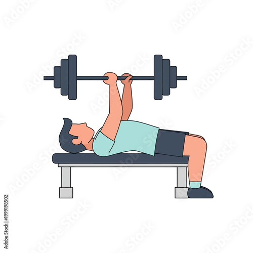 Man doing bench press exercise with barbell on weight bench, fitness and workout vector illustration