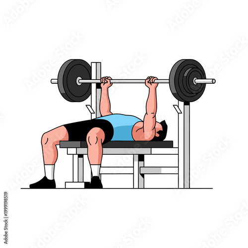 Man doing bench press exercise with barbell on weight bench, fitness illustration