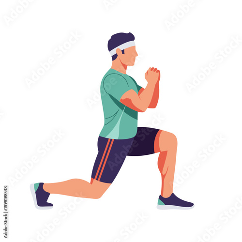 Man doing lunges exercise for fitness and workout, isolated on white background.