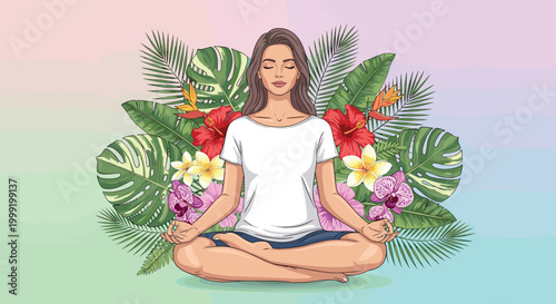 Woman meditating in lotus position surrounded by tropical leaves and colorful flowers on pastel background, Generative AI.