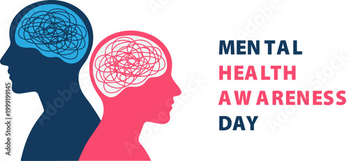 Mental health awareness day banner vector with profile silhouettes of man and woman featuring messy brain lines for psychology concept