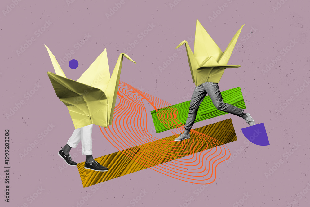 Naklejka premium Creative drawing full image collage picture of origami bird crane friends couple walk meeting asian traditional folded paper