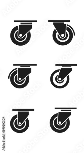 Set of 6 Black Casters Wheels Icons, Different Types, Isolated on White Background