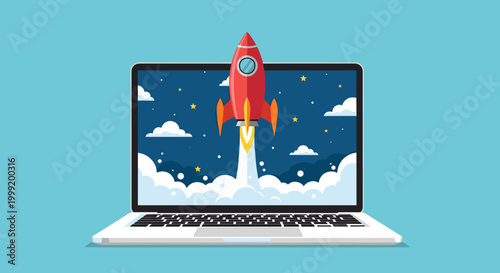 A cartoon rocket ship blasting off from a laptop screen into a starry night sky with clouds, Generative AI.