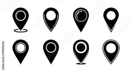 Free Download Set of 8 Black Map Pointers Icons, Location Pin Markers Collection on White Background - GFXLoad