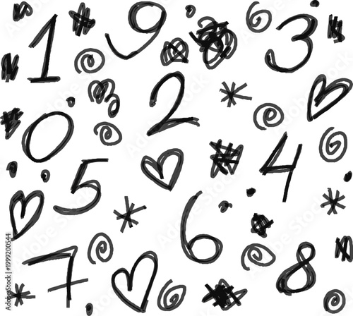 Hand-drawn doodle set with black marker brush: numbers, scribbles, curls and dots. Features a rough grunge texture