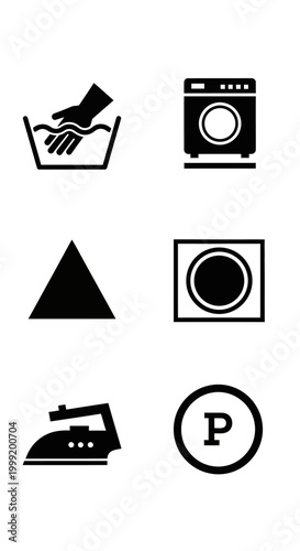 Laundry care symbols: hand wash, machine wash, bleach, iron, dry clean icons