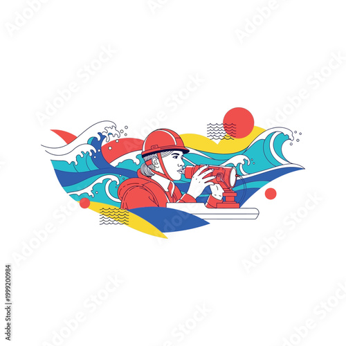 Lifeguard in red gear rescues person on surfboard amidst ocean waves and sunset.