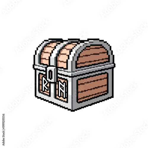 Fotografie A detailed pixel art illustration of a wooden treasure chest with silver metallic reinforcements and mysterious runic symbols on its front panels