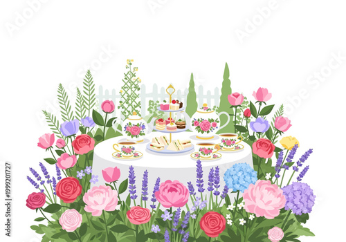 Elegant Afternoon Tea Party in a Lush Floral Garden Setting.