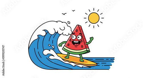 A cartoon watermelon slices rides a surfboard on a wave
