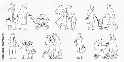 Line art illustration of ten people in daily life scenarios