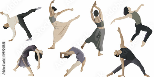 vector illustration of six dancers in various poses isolated on white