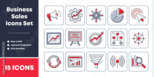 Fifteen flat linear business and sales icons for professional digital marketing projects design