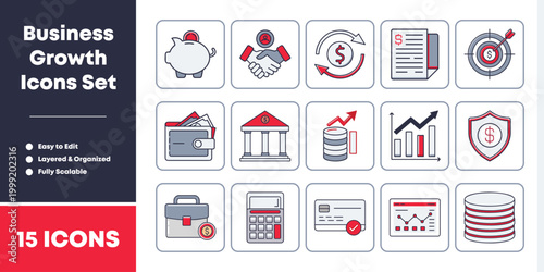 Modern vector icons representing business growth, finance, investment, and success concepts.