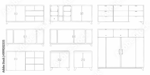 Mid century modern furniture outlines ten cabinet designs line drawing