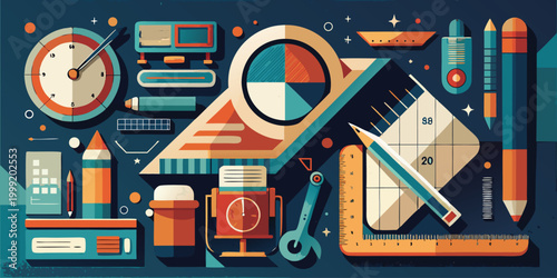 Flat of drafting tools and engineering equipment on dark blue background
