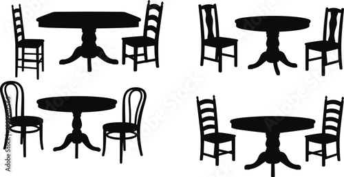 Set of dining table and chair silhouettes isolated on white background, classic furniture collection for restaurant, cafe, and interior design