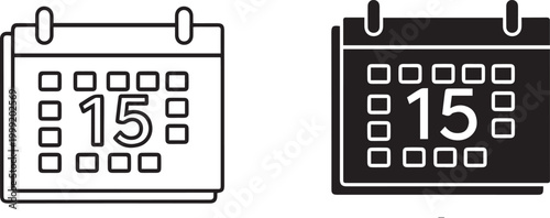 Minimalist calendar icons with number 15, black and white schedule planner symbols, flat vector set for appointment tracking and deadline management