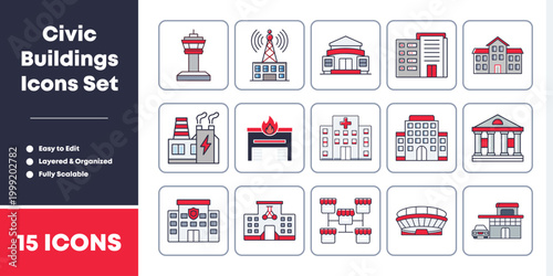 Fifteen diverse flat design icons for civic infrastructure and public services