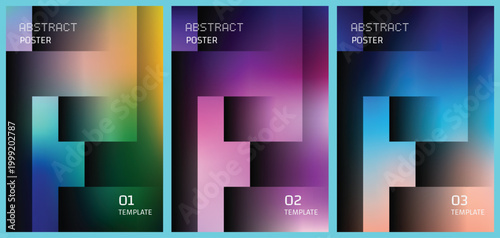 Set of abstract posters with geometric shapes and blurred gradient backgrounds