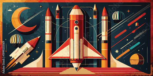 Red and white space rockets with crescent moon and planets in retro style